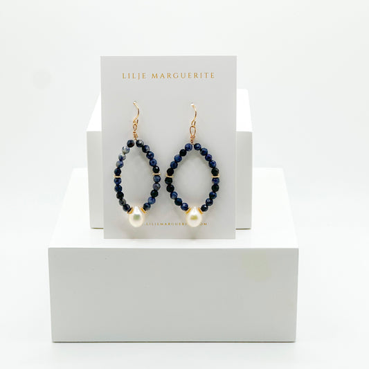 Blue Sapphire Beaded Pearl Drop Earrings